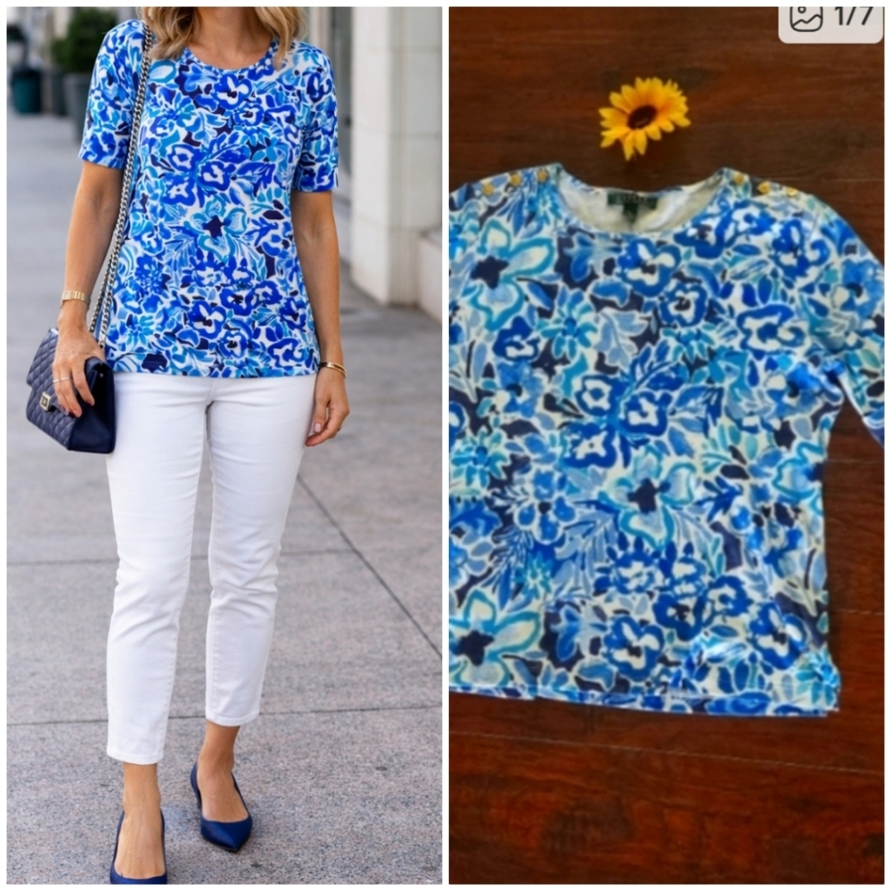 LAUREN RALPH LAUREN BLUE/WHITE TEE